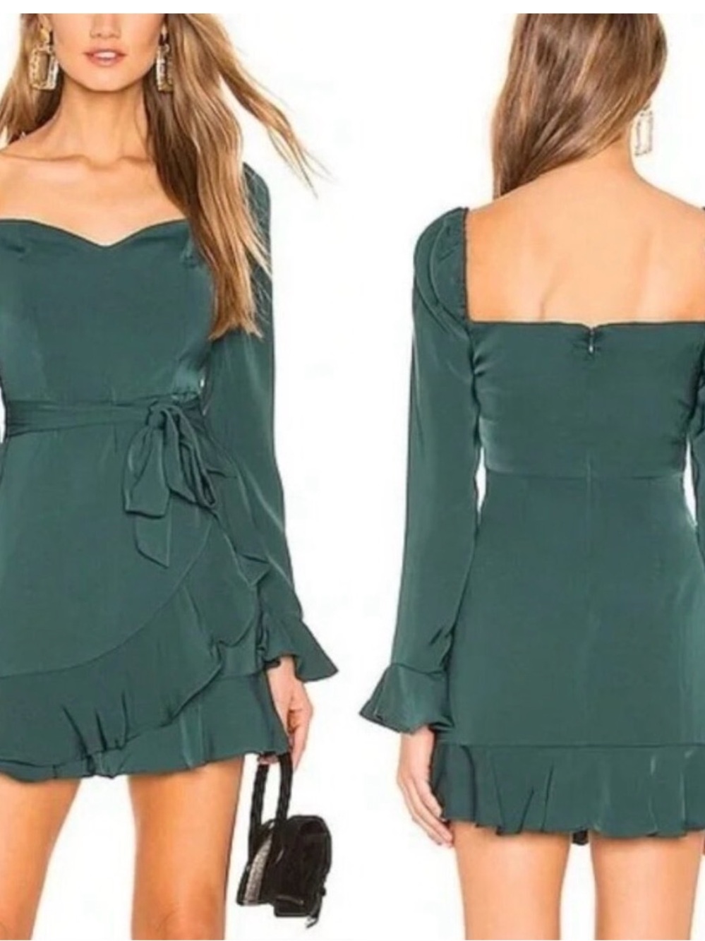 Green Long-Sleeve Ruffle Wrap Mini Dress